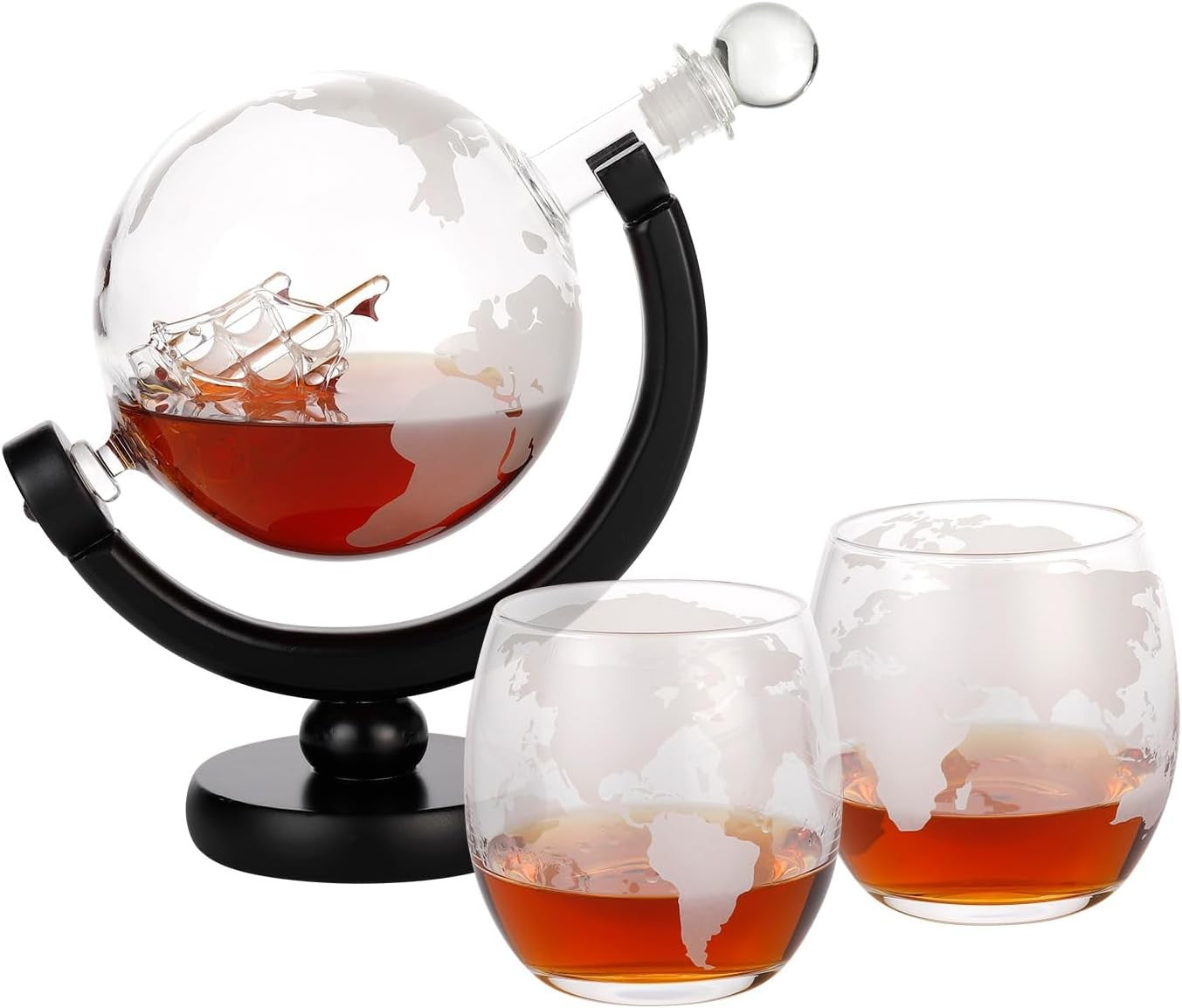 Whiskey Globe Decanter Set 850ml with Stand, 2 Glasses & Keychain Opener