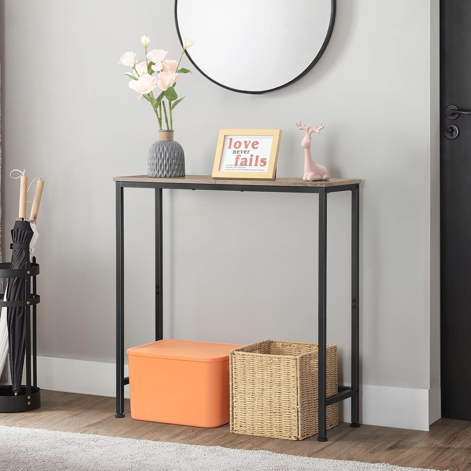 Slim Console Table for Hallway Entryway, Rustic Grey Metal Frame, Sturdy & Compa