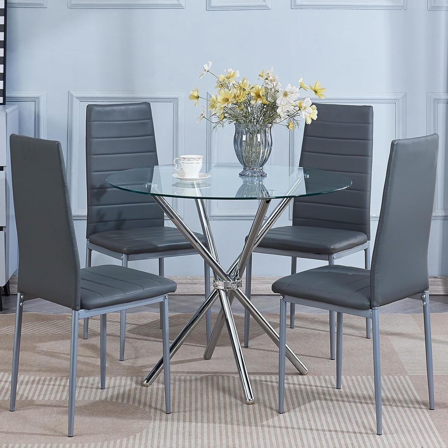 4-Seater Round Glass Dining Set with Grey Faux Leather Chairs – Space-Saving Des