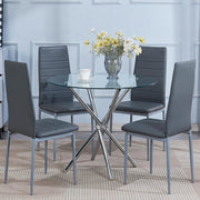 4-Seater Round Glass Dining Set with Grey Faux Leather Chairs – Space-Saving Des