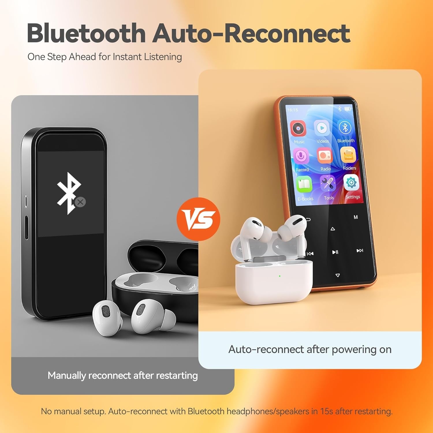 64GB Bluetooth 5.3 MP3 Player 2.4" Screen FM Radio Speaker Orange
