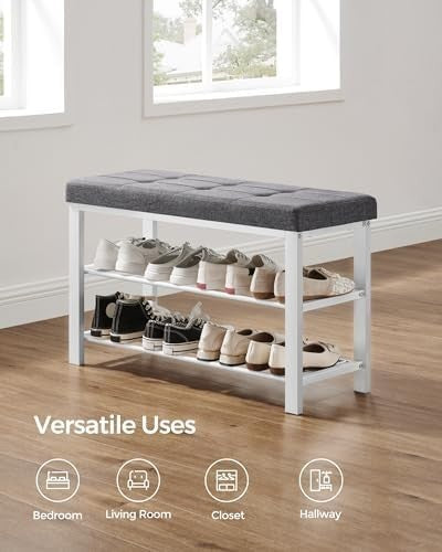 3-Tier Shoe Storage Bench with Cushion Metal Frame Entryway Rack 81cm White