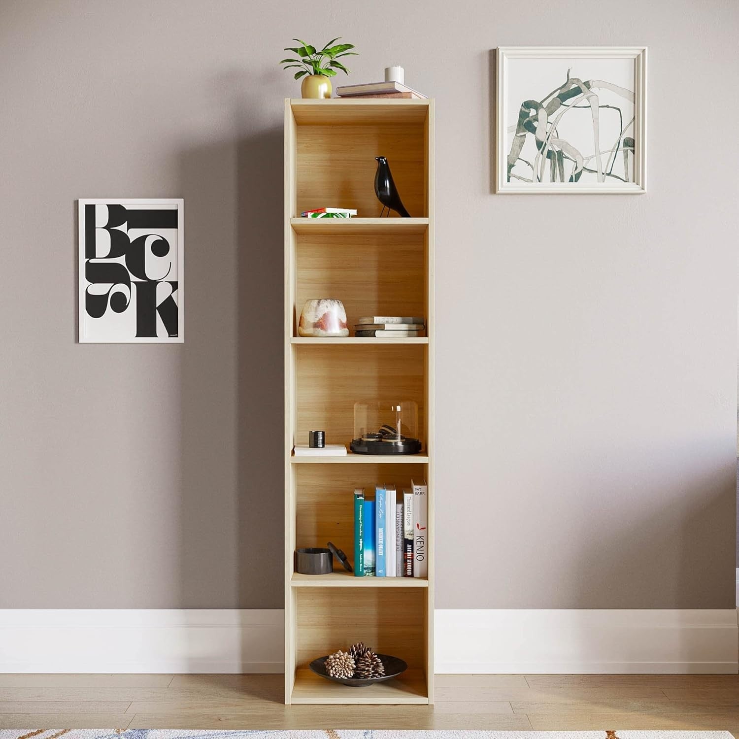 5 Tier Oak Wooden Cube Bookcase Small Storage Shelf for Living Room Office