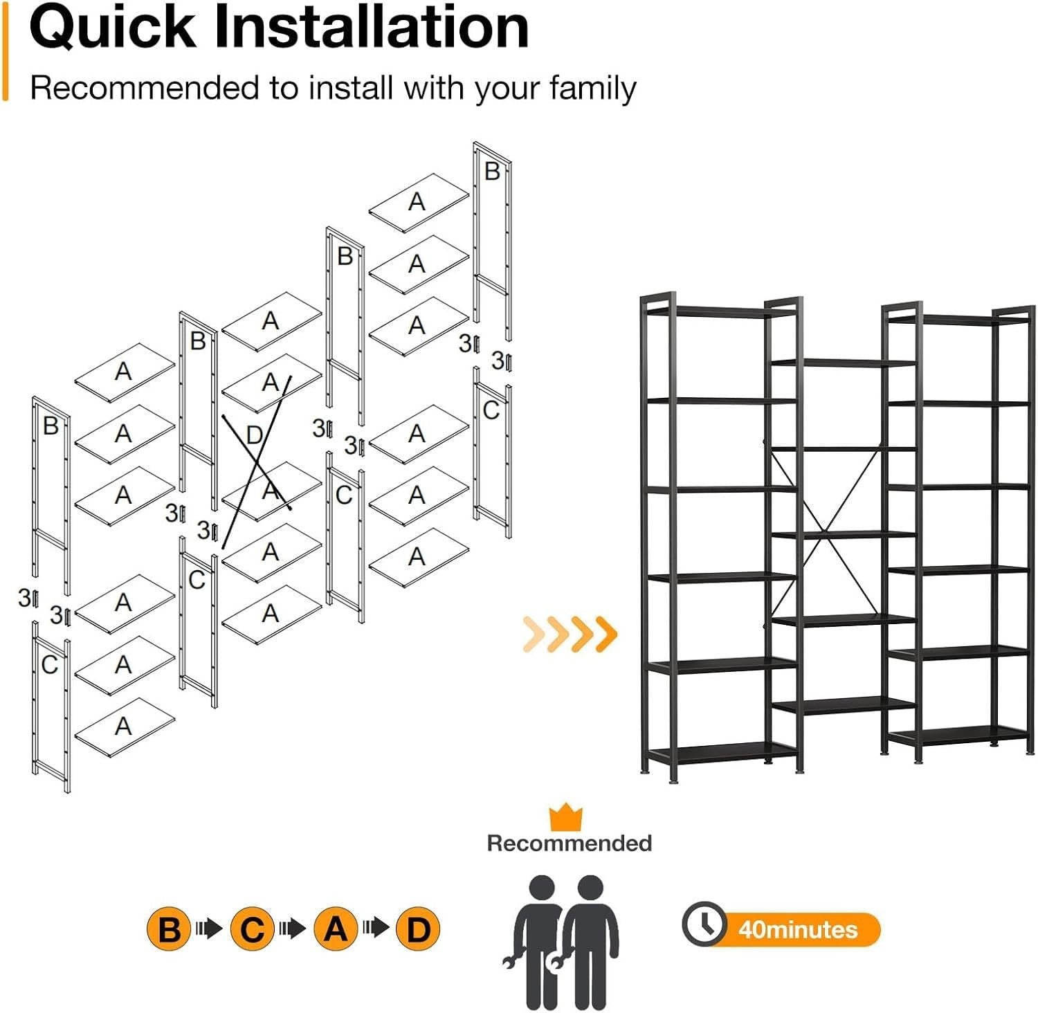 6 Tier Triple Bookshelf Industrial 14 Shelf Wide Bookcase Black