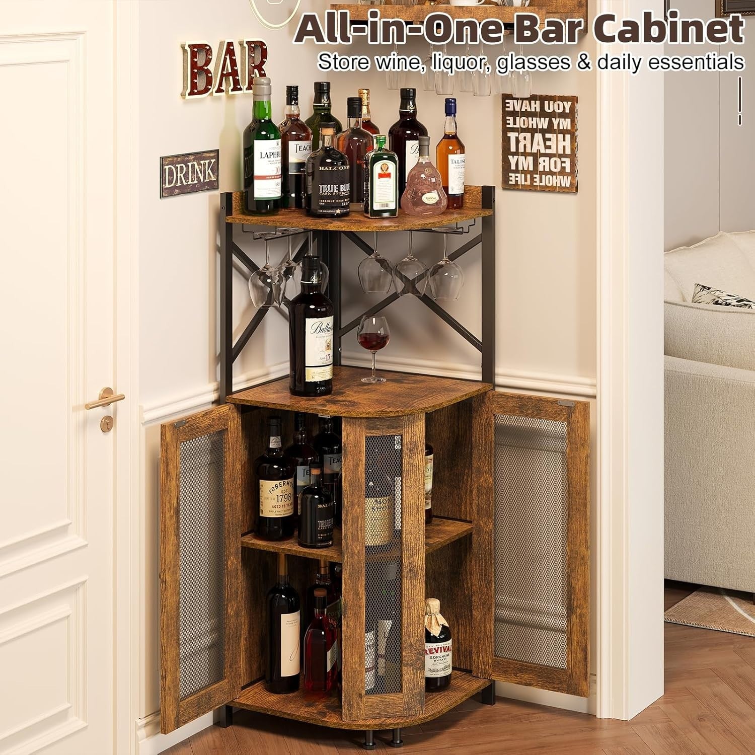 Corner Bar Cabinet with Wine Bottle Rack, Glass Holder & Storage Shelves Rustic