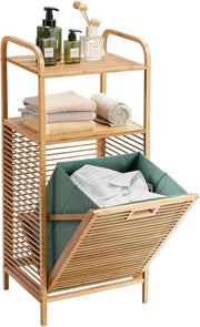 Bamboo Tilt-Out Laundry Hamper with 2 Shelves | Removable Bag | 40×33×95cm