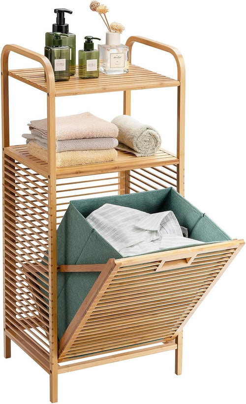 Bamboo Tilt-Out Laundry Hamper with 2 Shelves | Removable Bag | 40×33×95cm