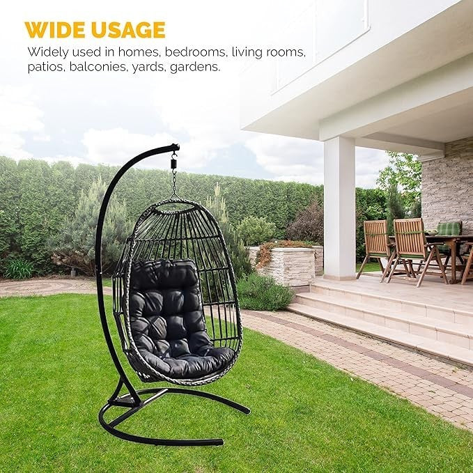 Hanging Egg Chair with Stand Rattan Swing Seat Grey Cushion Indoor Outdoor