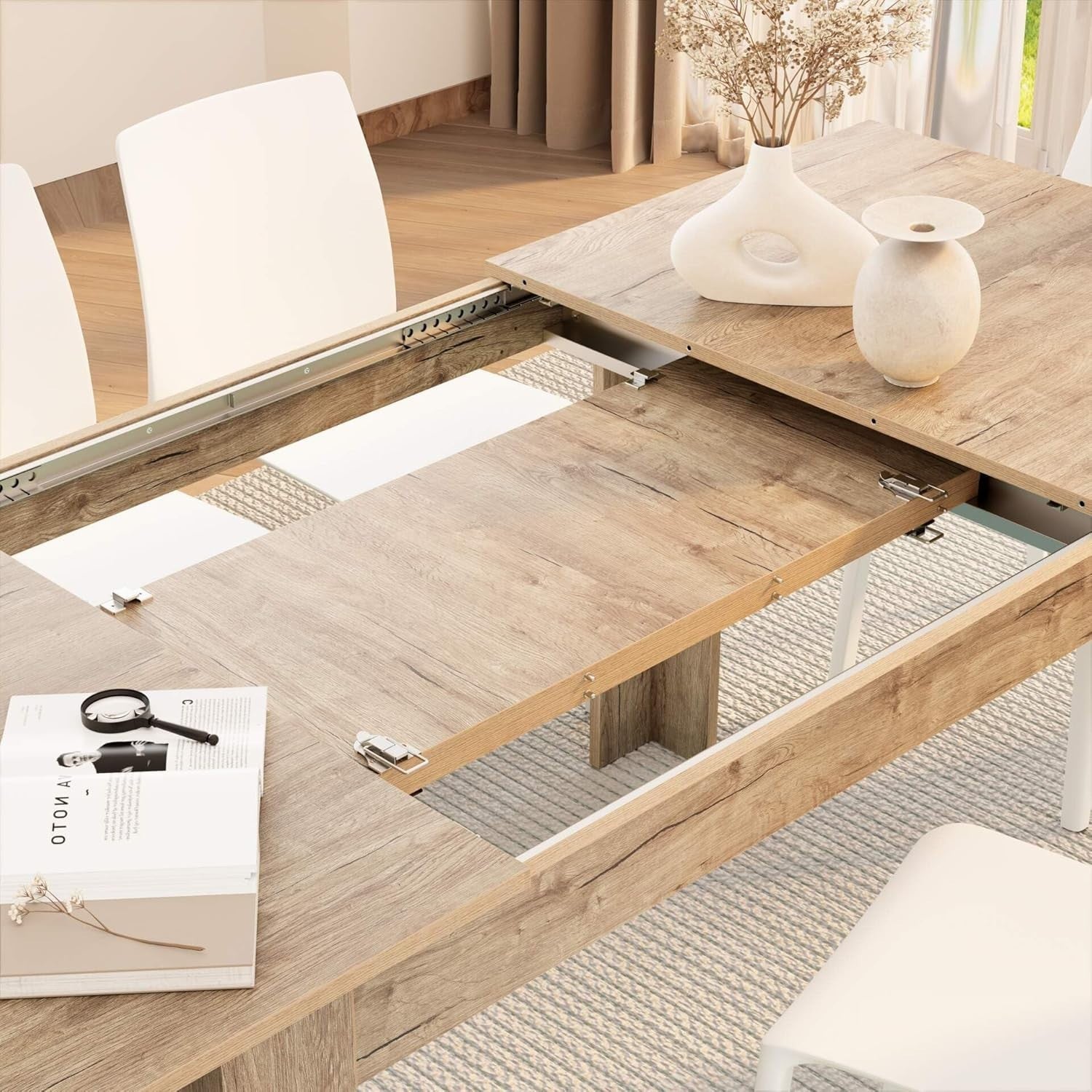 Extendable Dining Table oak 220cm Wood 6–8 Seater Modern Space Saver