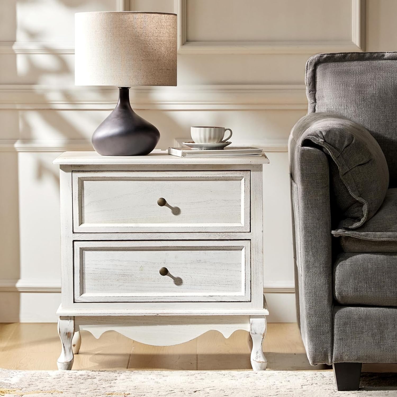White Wooden Bedside Table with Drawers – Compact French Country Nightstand