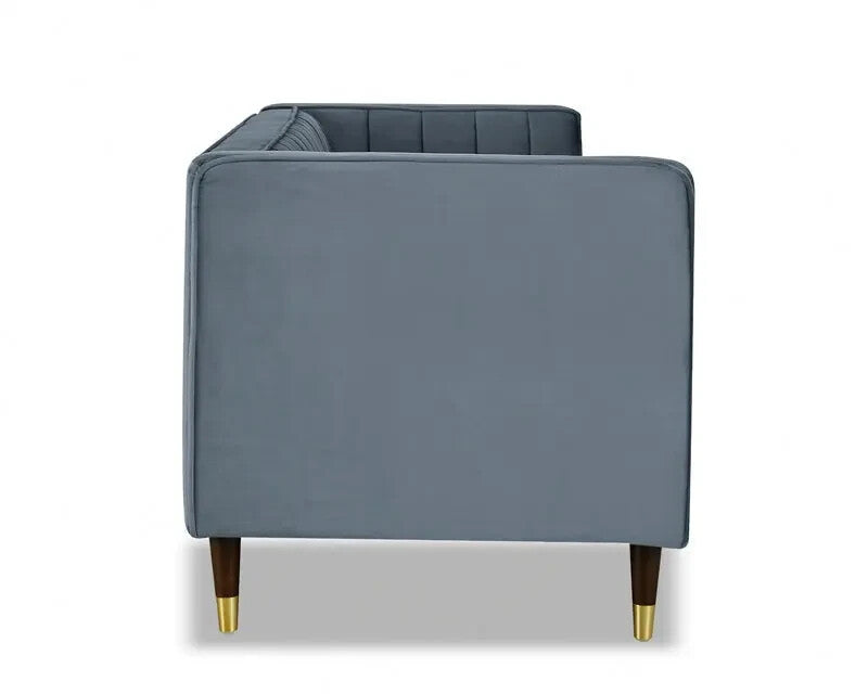 Grey Velvet 2 Seater Sofa Ribbed Back High Arms Wood Legs Modern Couch