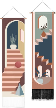 2 Pack Boho Vertical Wall Tapestry Abstract Stairs Decor