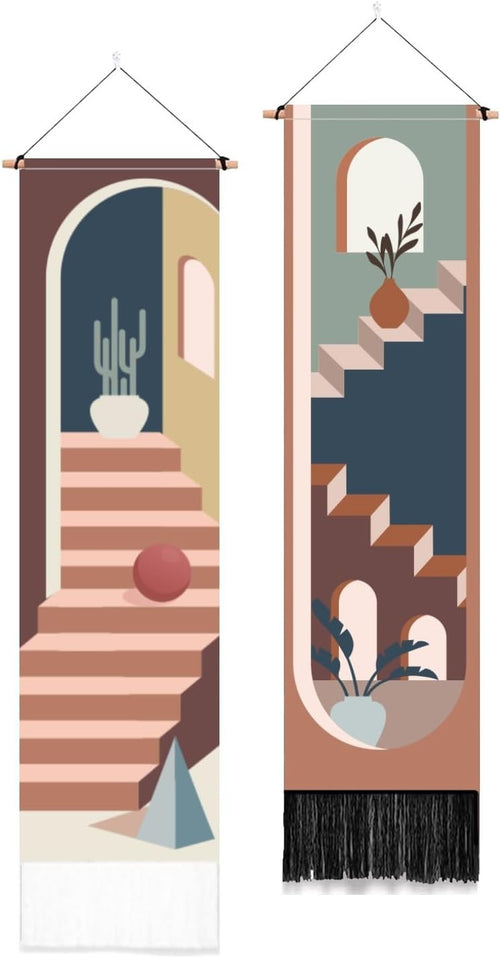 2 Pack Boho Vertical Wall Tapestry Abstract Stairs Decor