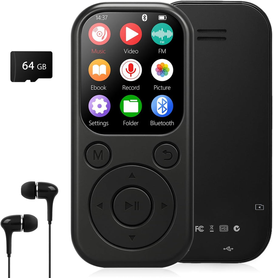 64GB MP3 Player Bluetooth 5.3 Black 2.0" Screen FM Radio 512GB