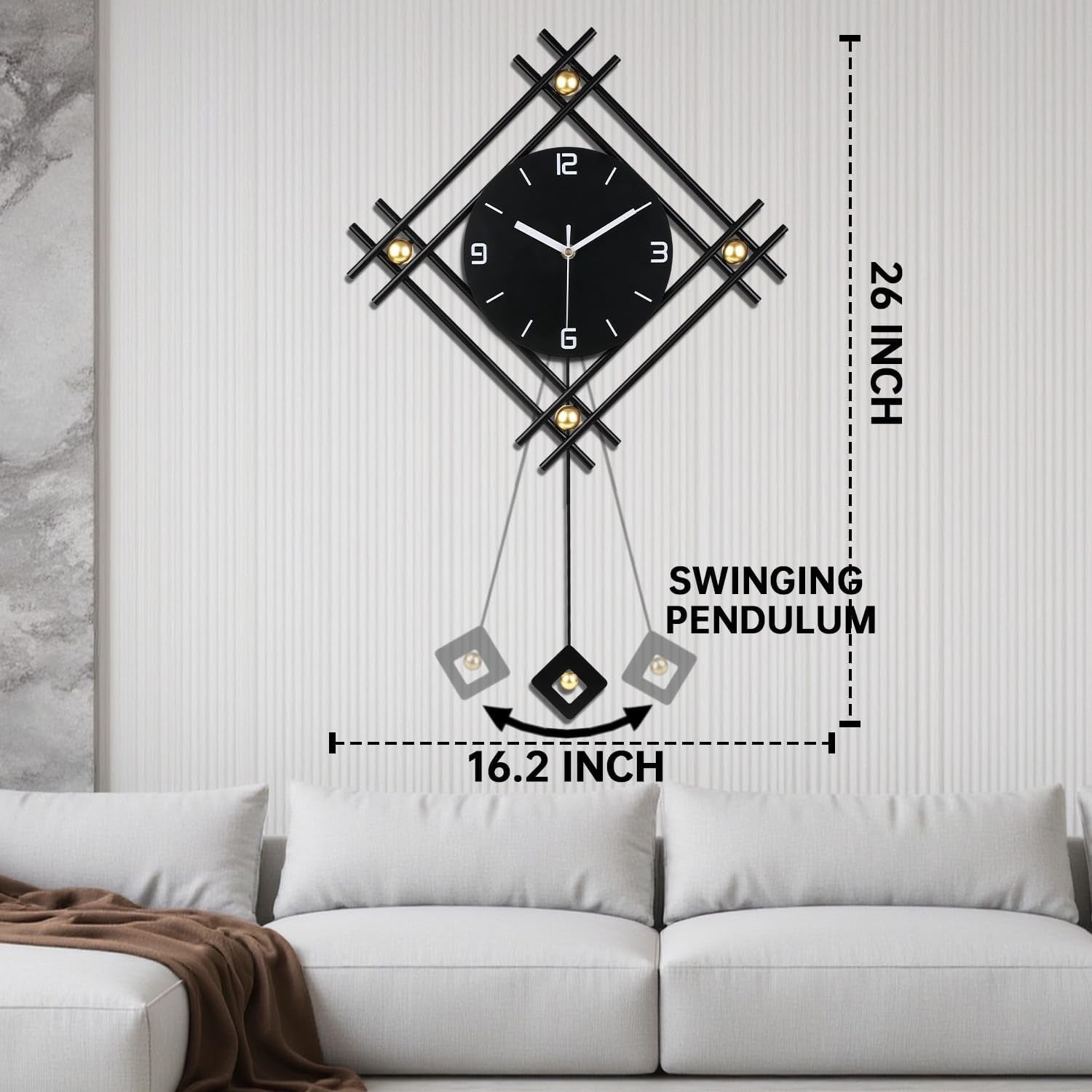 Modern Black Minimalist Pendulum Wall Clock – Silent Large Metal Decor 66×47cm