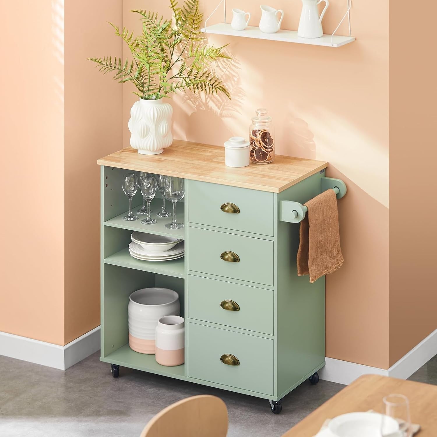 Mobile Kitchen Trolley Cart with 4 Drawers, Adjustable Shelf & Towel Rack