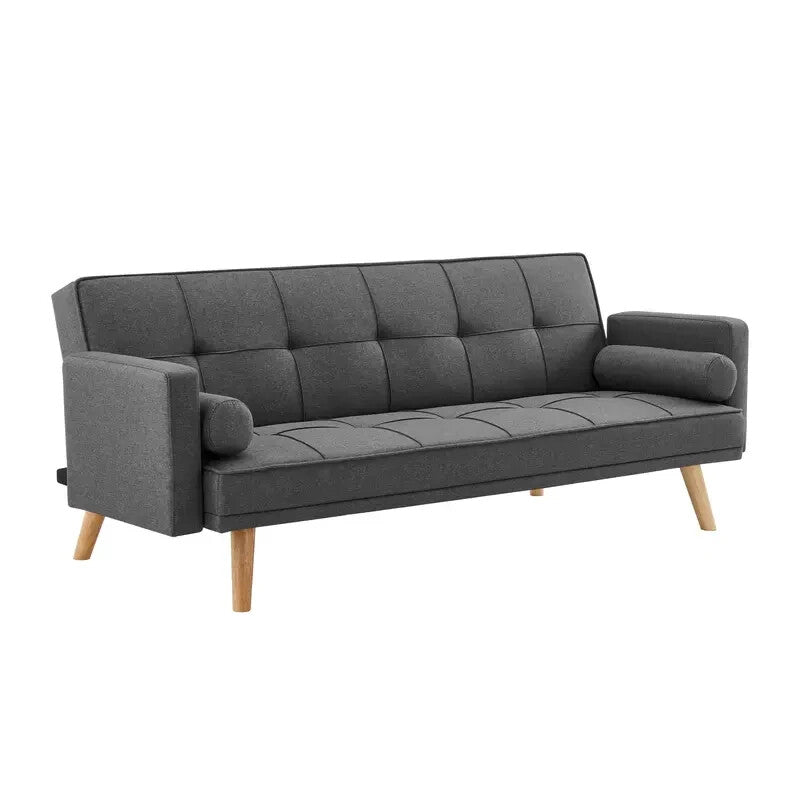 Charcoal Linen Clic Clac Sofa Bed 3 Seater Tufted Cushions & Bolster Pillows