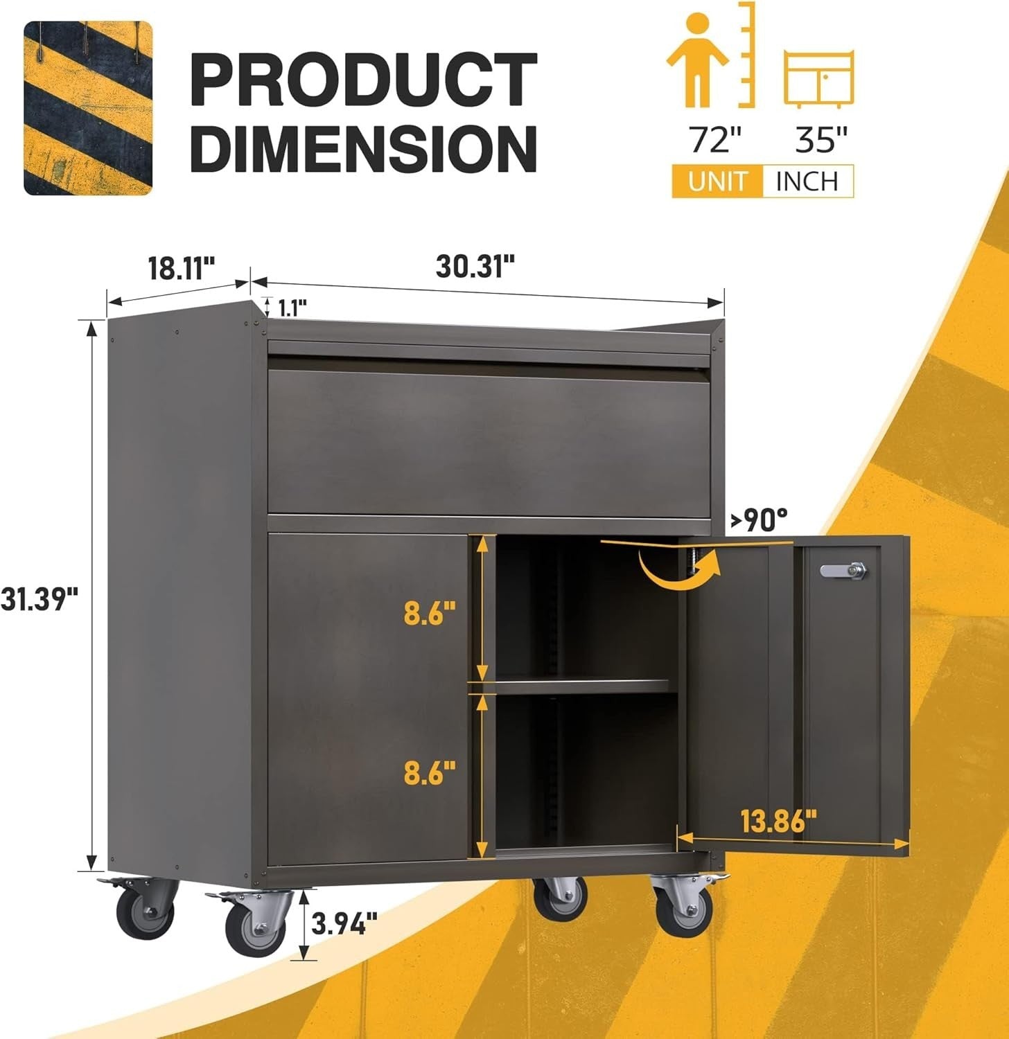 Mobile Steel Storage Cabinet with Wheels, Drawer & Lockable Doors 90H cm