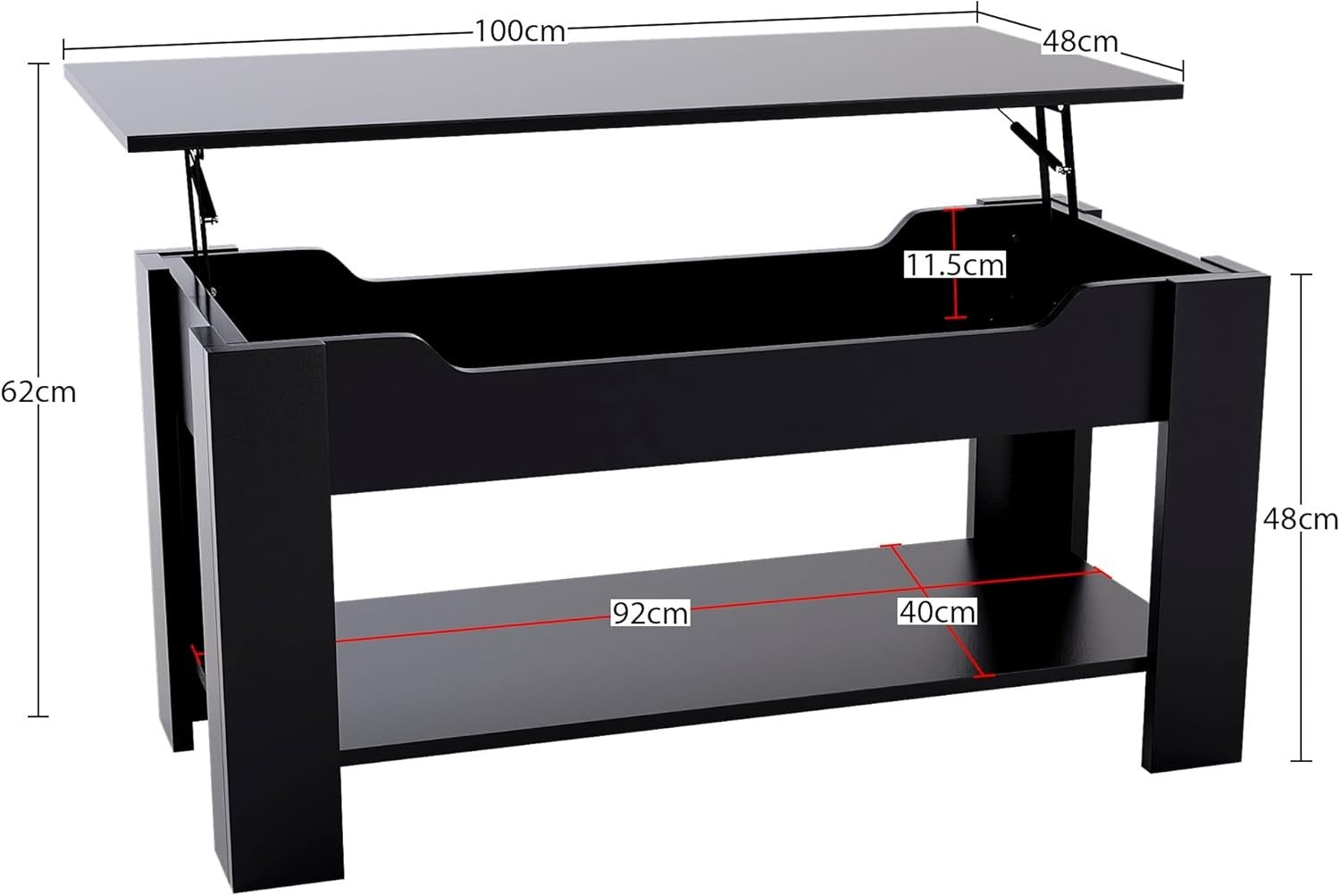 Lift Up Coffee Table with Hidden Storage & Shelf – Modern Black, 100x48cm