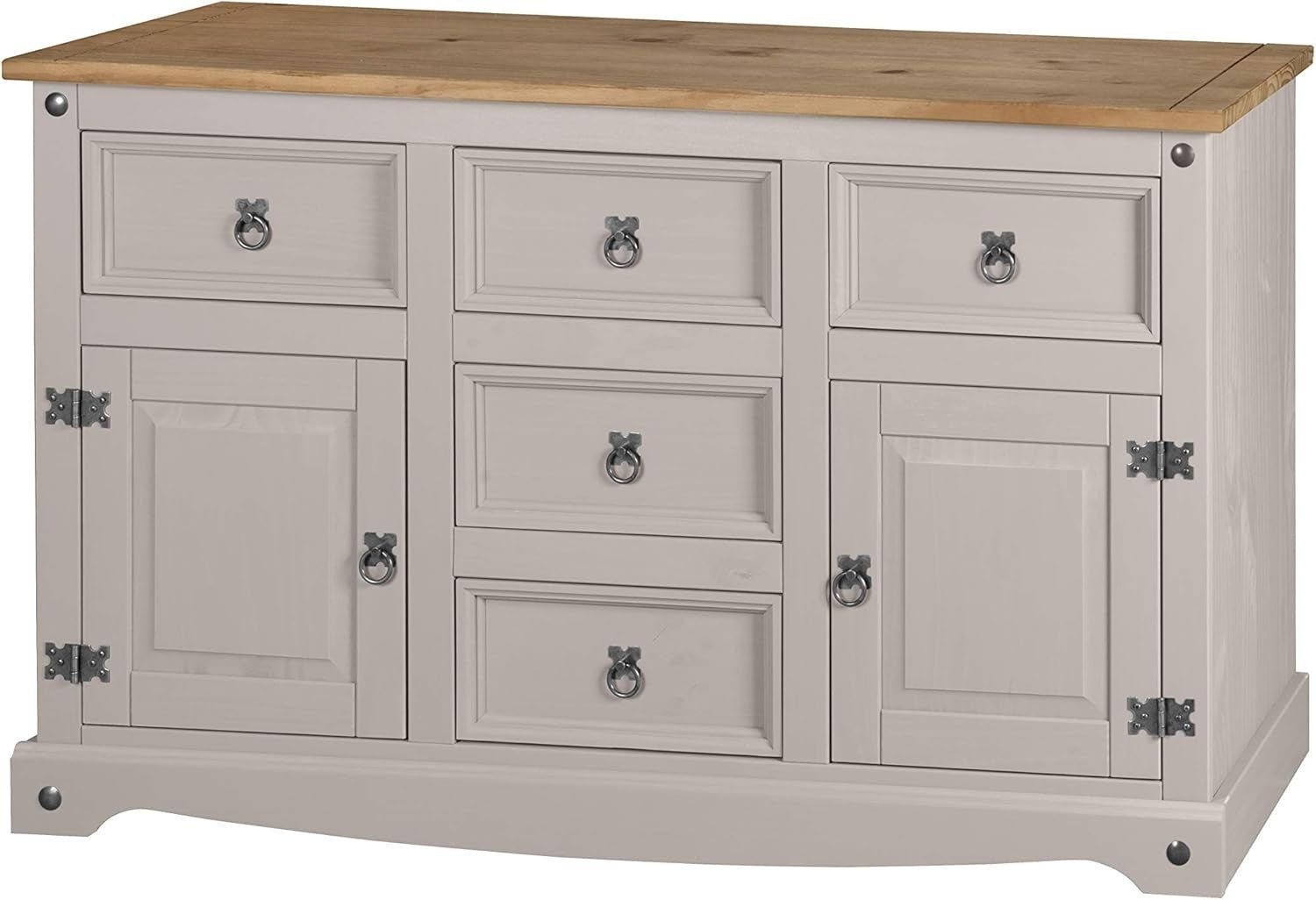 Grey Pine Sideboard Cabinet 2 Doors 5 Drawers Storage Rustic Solid Wood Unit