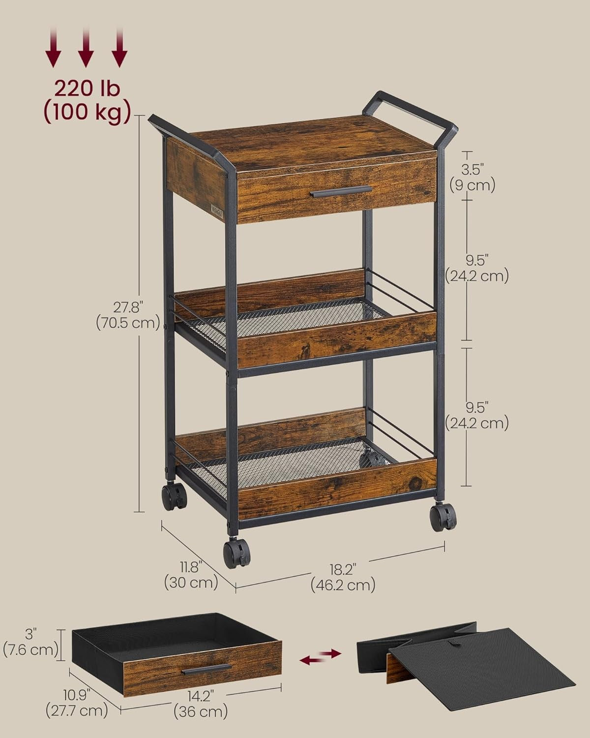 3 Tier Storage Trolley Rolling Cart with Drawer Table Top Mesh Shelves Wheels