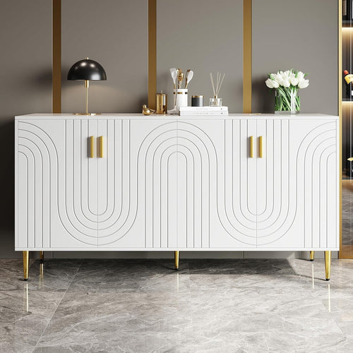 White Sideboard Cabinet with Wave Design, 4 Doors, Gold Handles & Anti-Tip