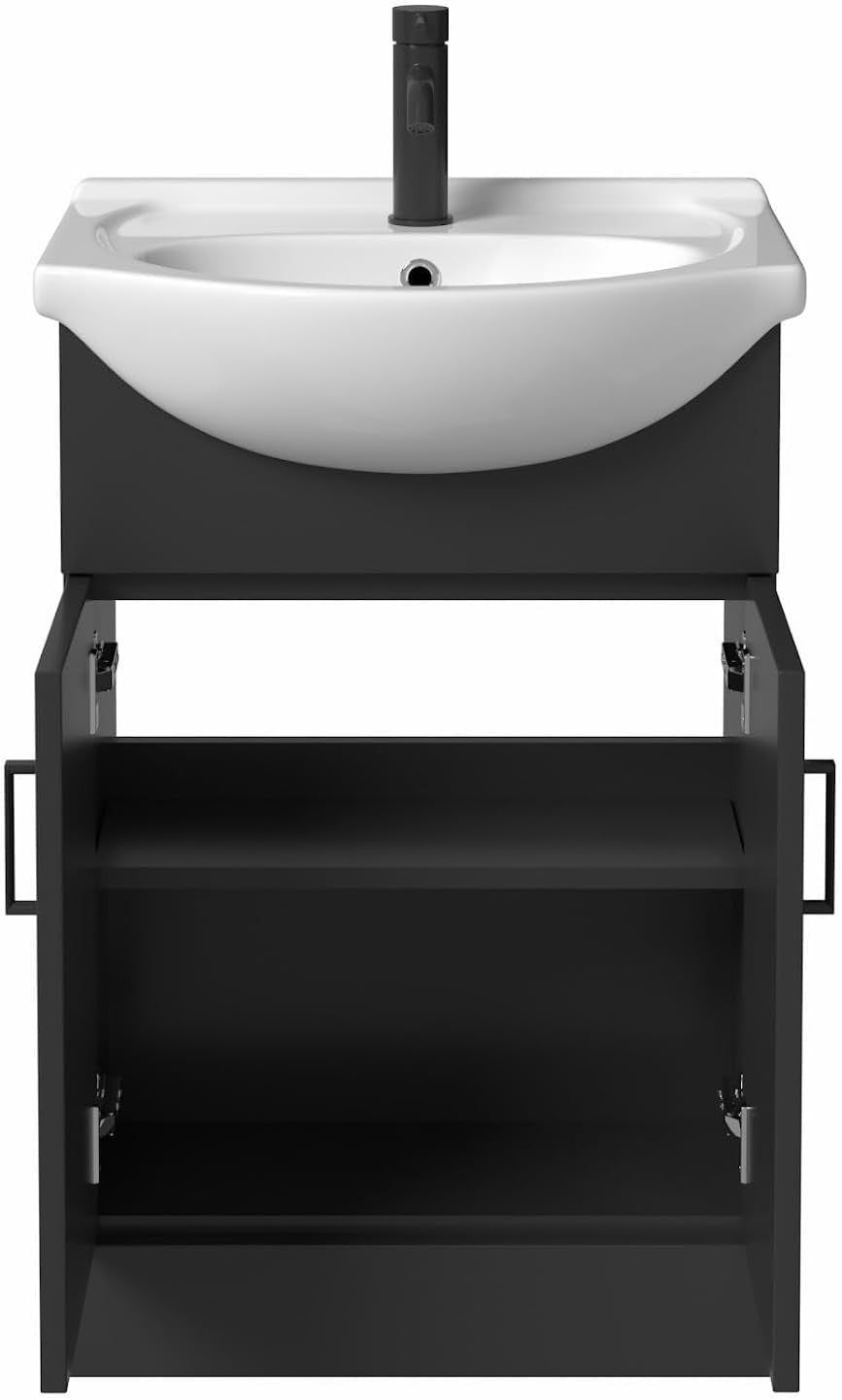 560mm Matt Black Vanity Sink Unit – Freestanding Bathroom Basin Cabinet