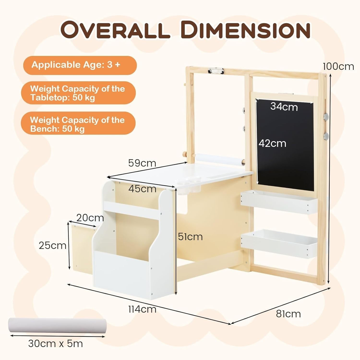 Kids 3 in 1 Art Table and Bench Set with Easel Bookshelf White Natural