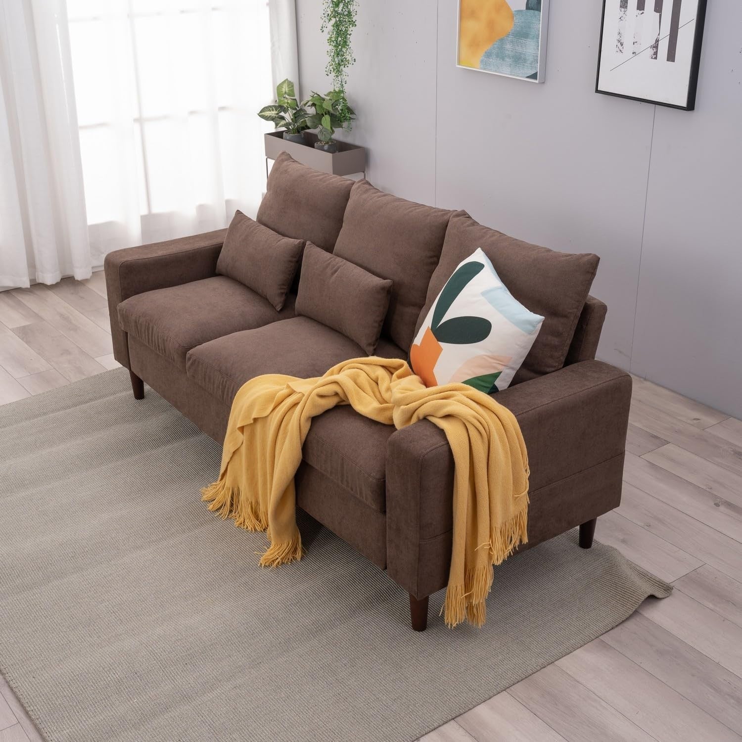 3 Seater Sofa Brown Linen Upholstered Couch Modern Compact Soft Seat with Cushio