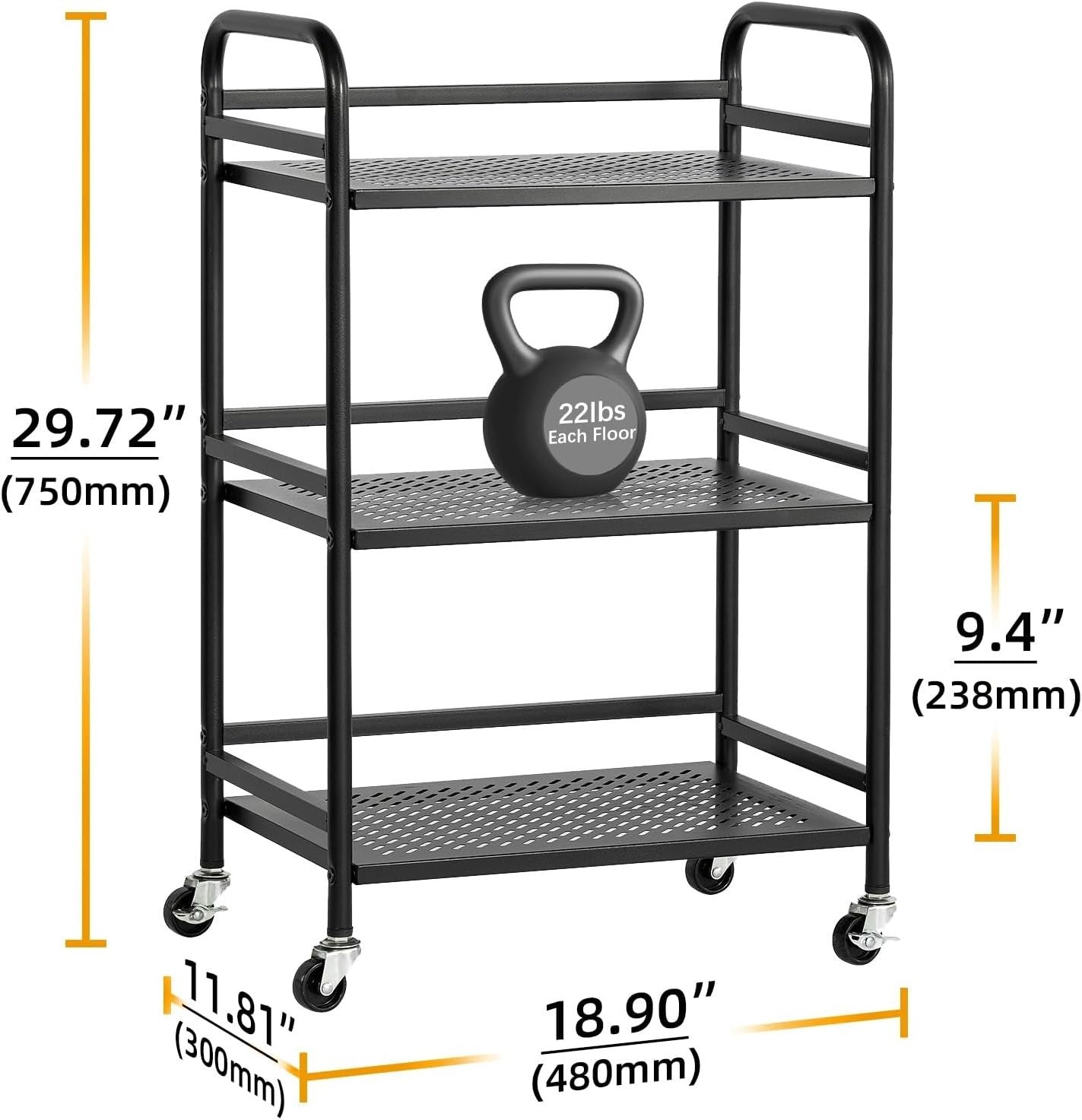 3 Tier Rolling Utility Cart Heavy Duty Metal Storage Trolley Black