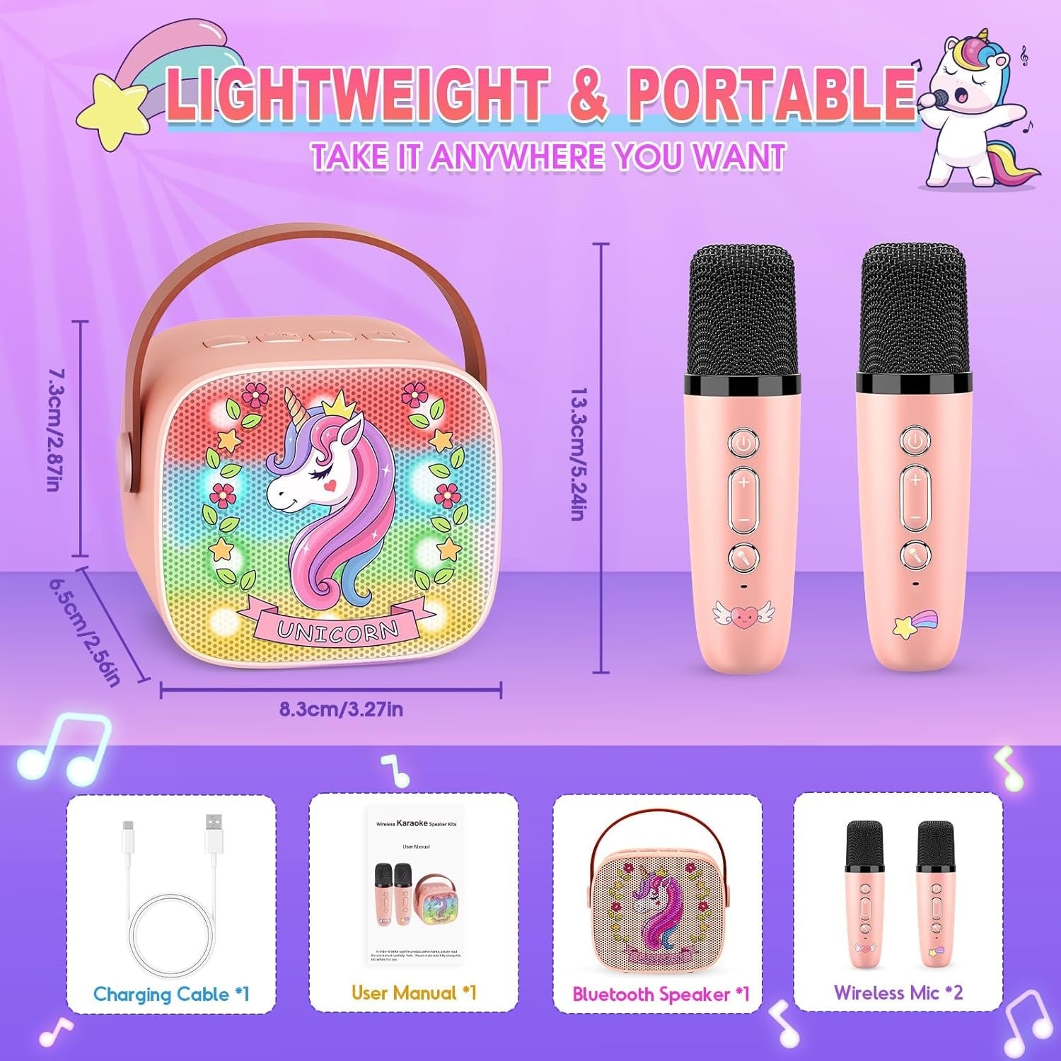 Pink Unicorn Karaoke Machine for Kids w/ 2 Wireless Microphones