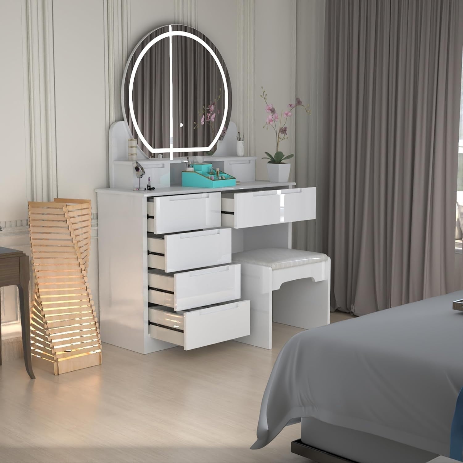 White Dressing Table Makeup Vanity Desk w/ Mirror Modern 5 Drawer High Gloss