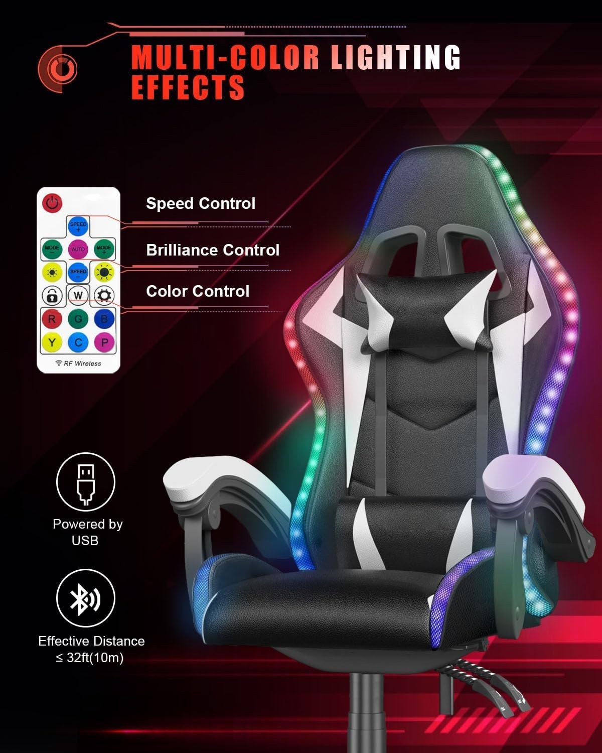 Gaming Chair White with RGB LED Lights Reclining Computer Office Desk Seat