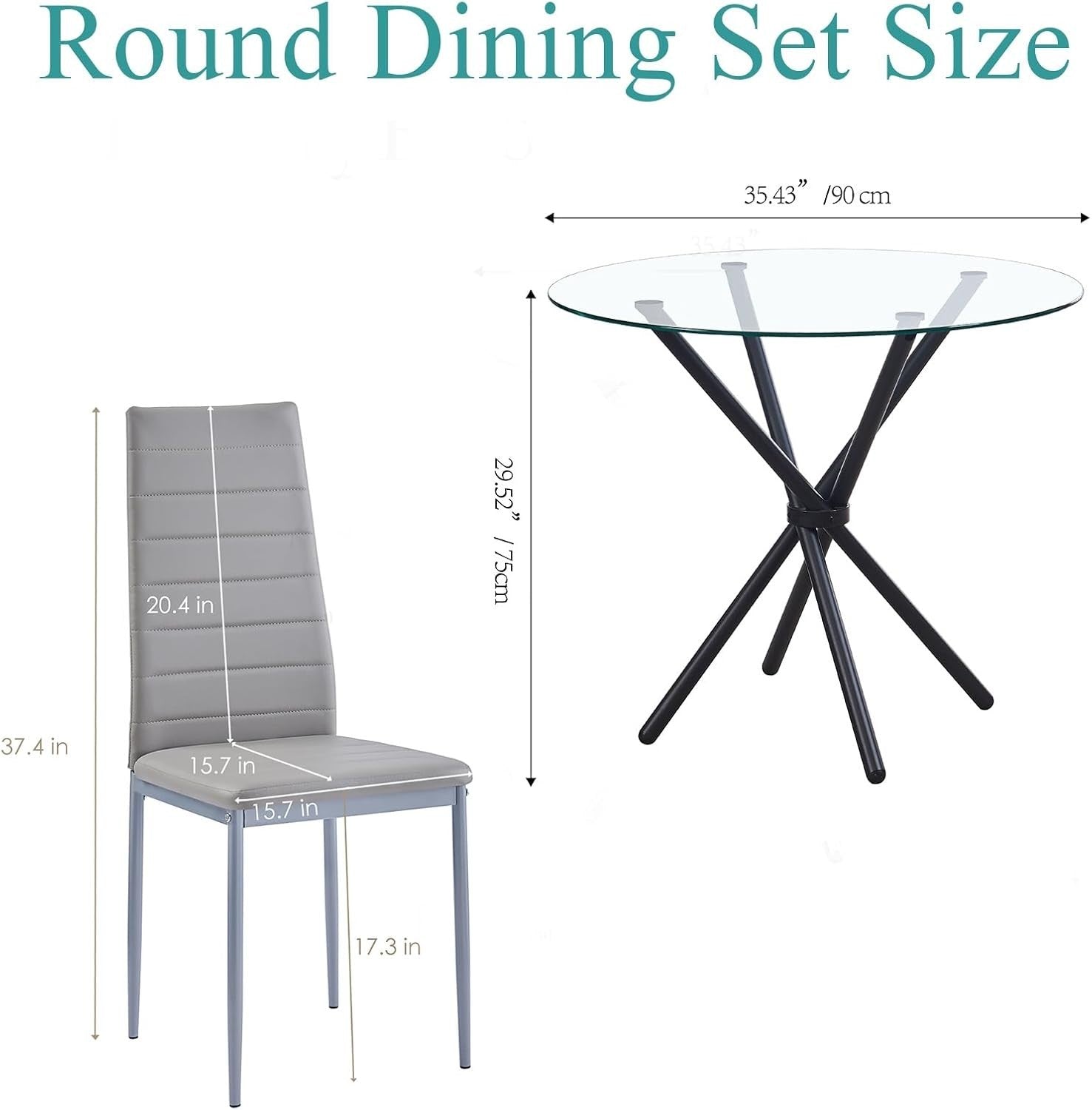 Round Glass Dining Table Set with 4 Grey PU Chairs for Kitchen or Dining