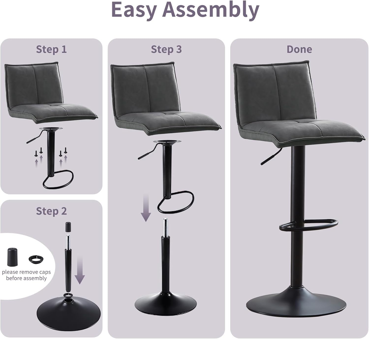 Pu Grey Faux Leather Bar Stool Set of 4 Adjustable Swivel Kitchen Chairs