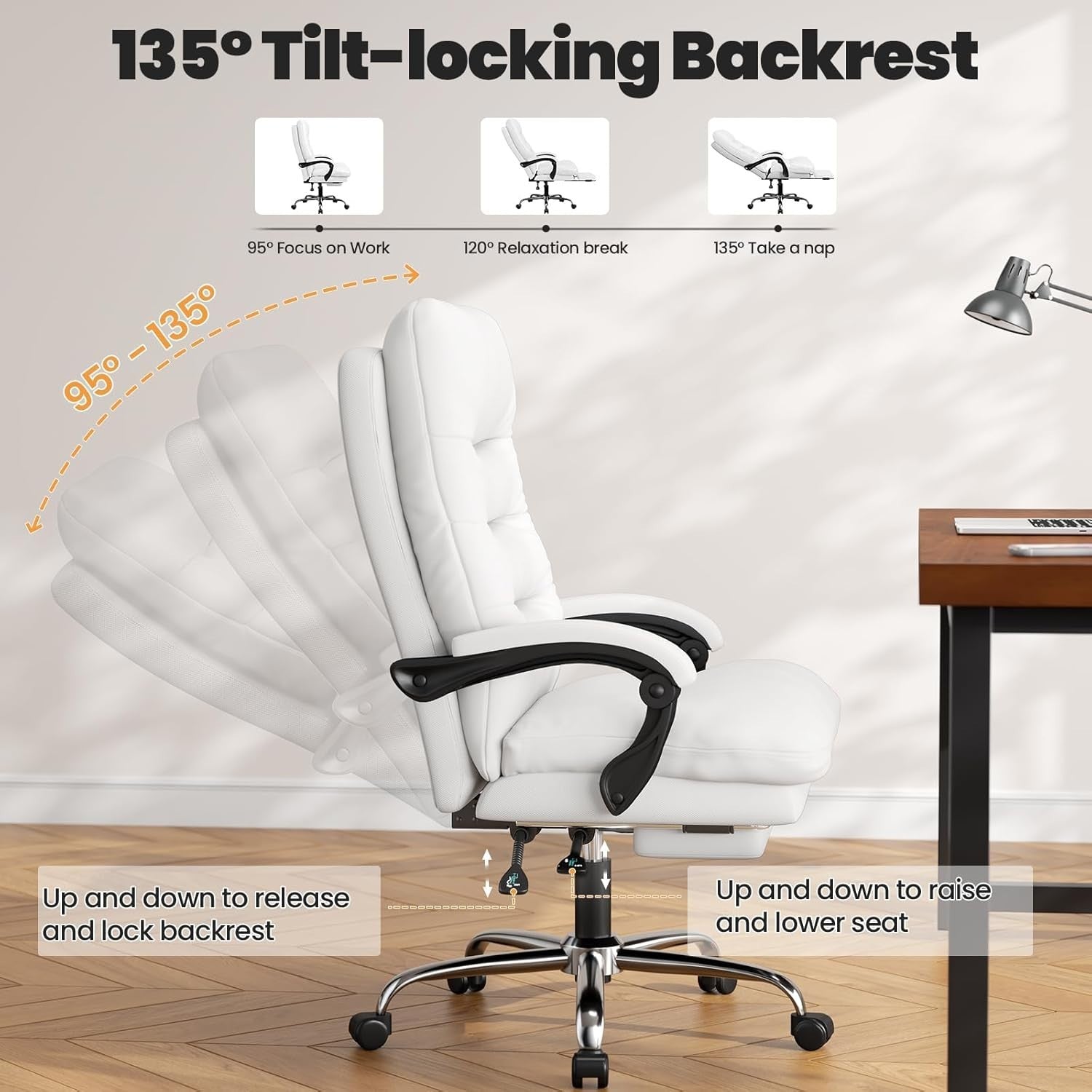 Big & Tall Ergonomic Office Chair Executive Desk Seat Adjustable Foot Rest White