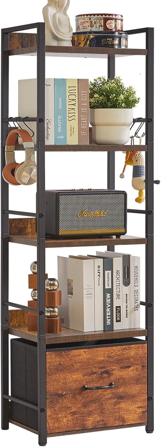 5 Tier Industrial Bookcase with Fabric Drawers Metal Frame Rustic Brown