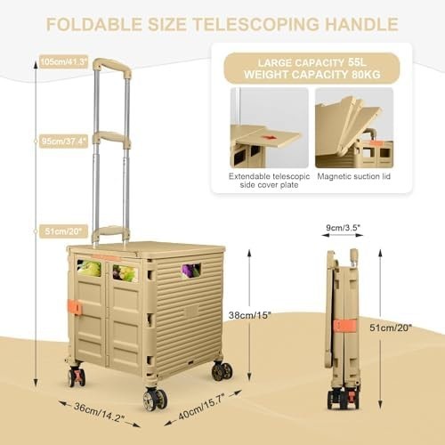 Heavy Duty Folding Shopping Cart 55kg Trolley 360° Wheels Foldable Khaki