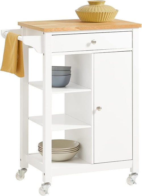 Compact Kitchen Trolley Cart White Pine | Wheels, Drawer, Cupboard 68cm