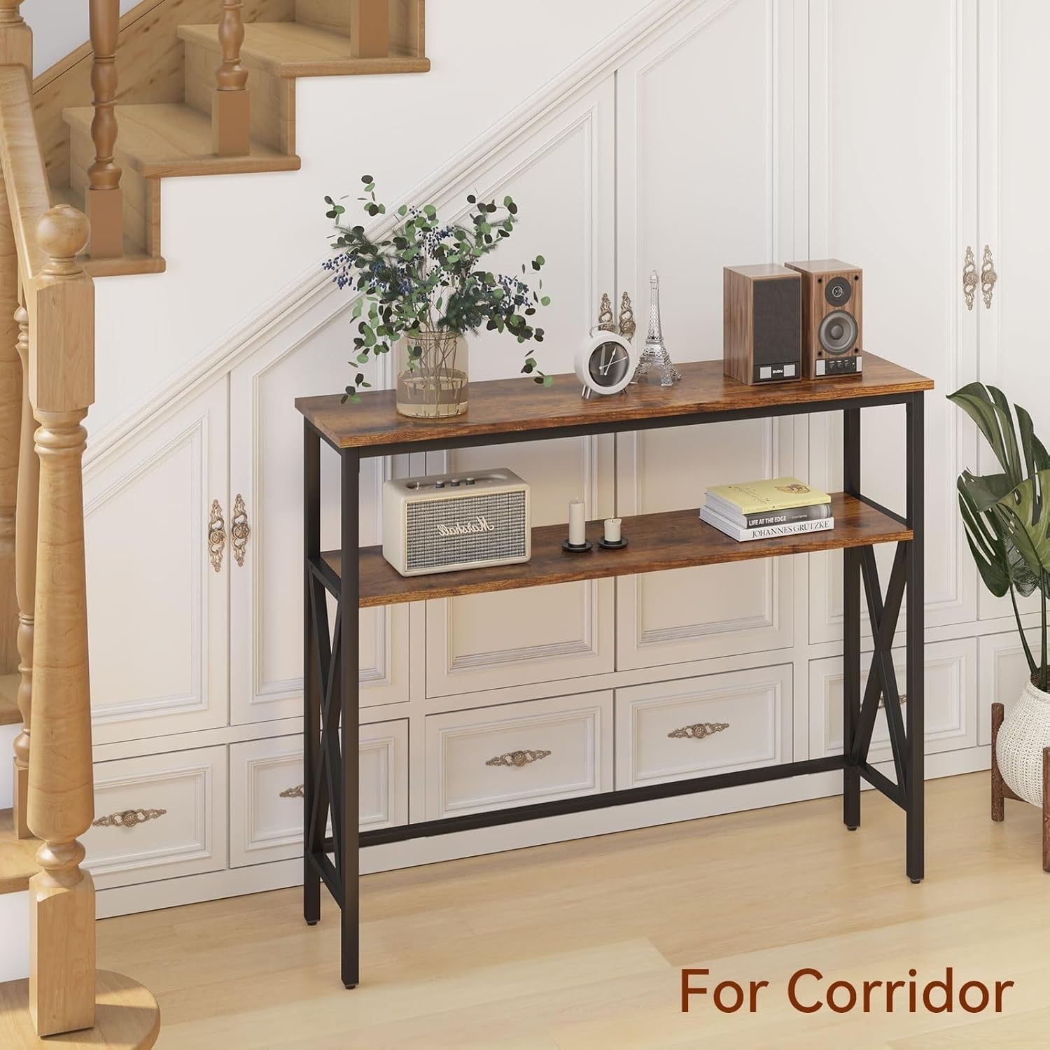 Slim Industrial Console Table with Adjustable Feet & Sturdy Metal Frame for Hall