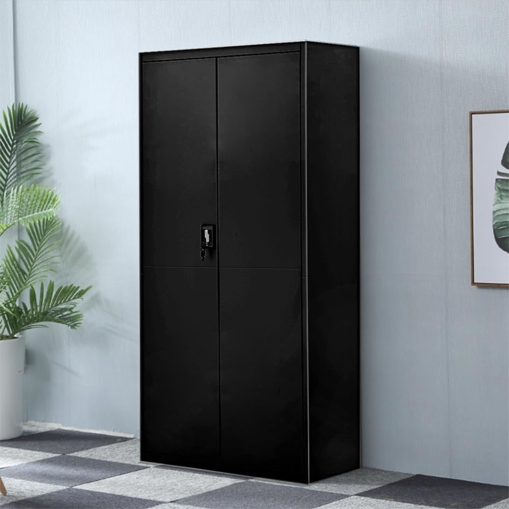 Tall Black Metal Storage Cabinet 2 Door Cupboard 5 Shelves 185cm Lockable