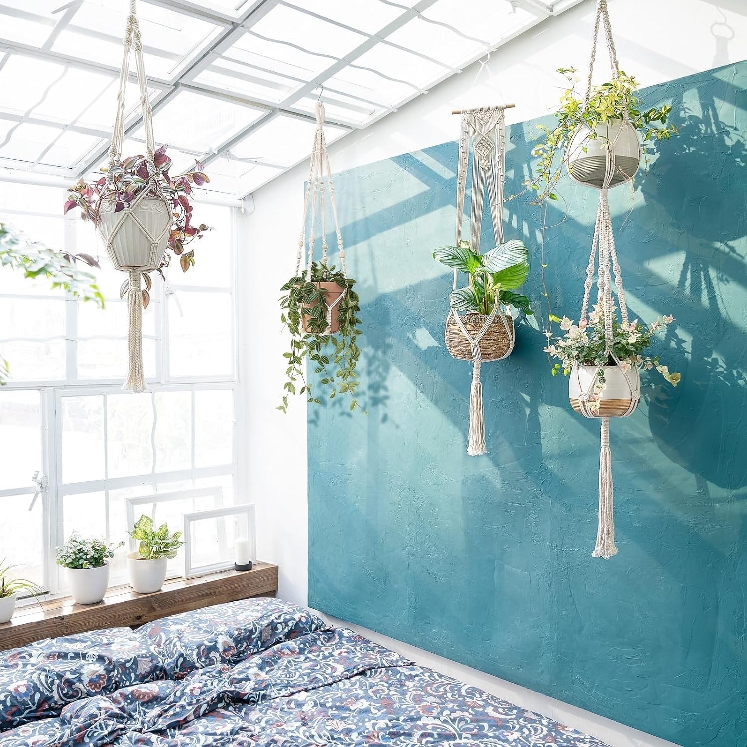 Boho Macrame Plant Hangers Set of 4 – Indoor Outdoor Cotton Pots