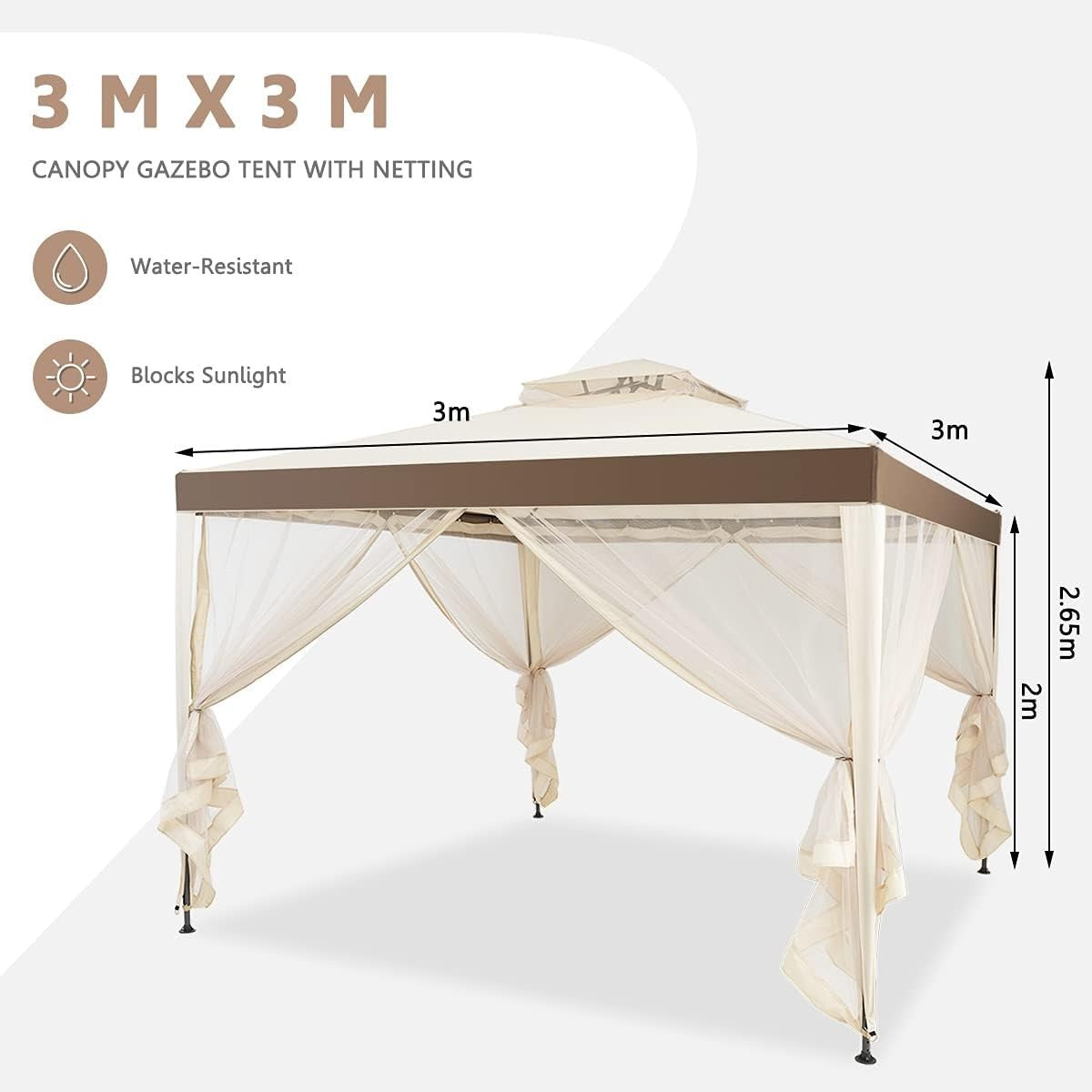 3x3M Beige Outdoor Gazebo With Zipped Mesh Sidewalls Double Roof Patio Tent