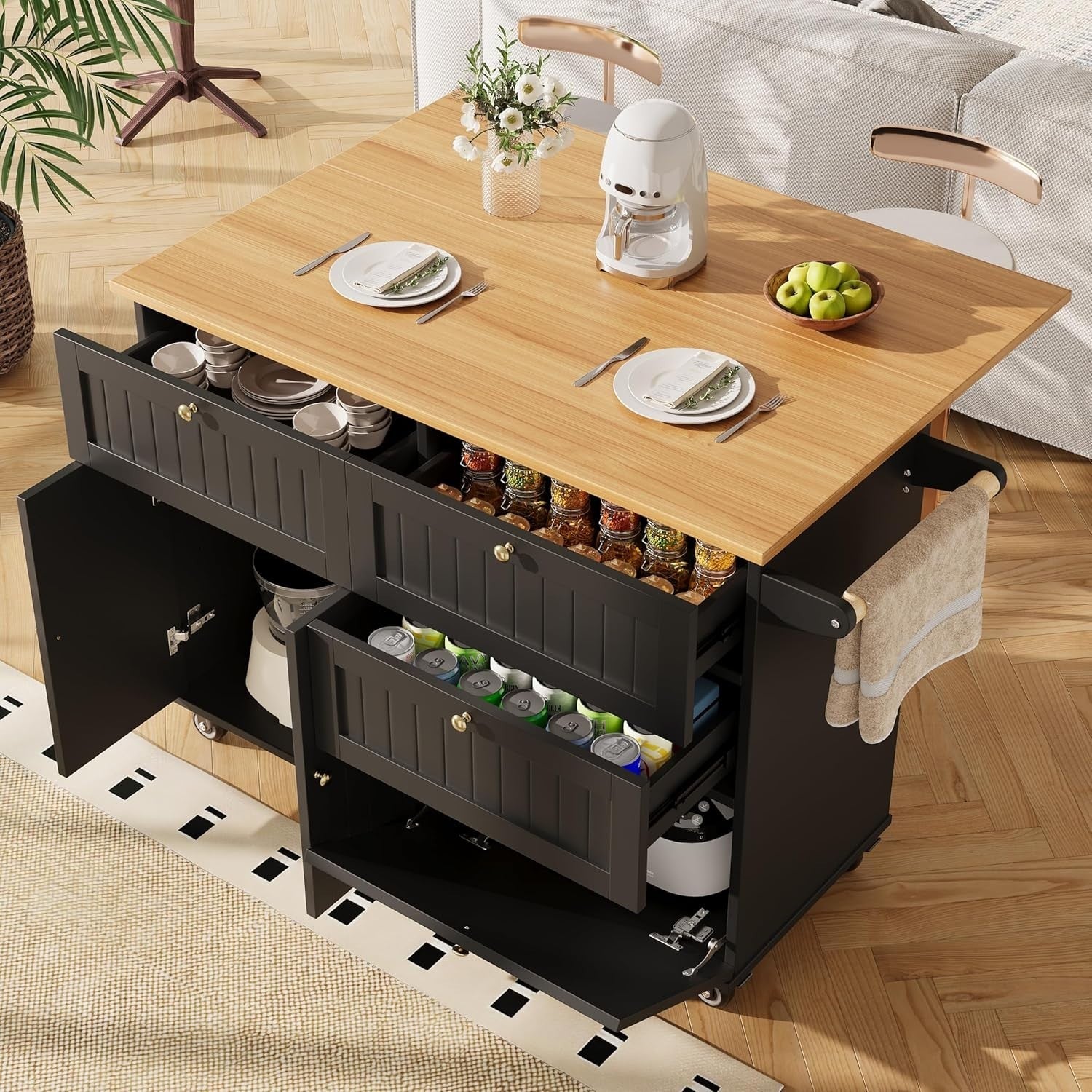 Mobile Kitchen Island with Foldable Worktop, Storage Drawers & Cabinet Black