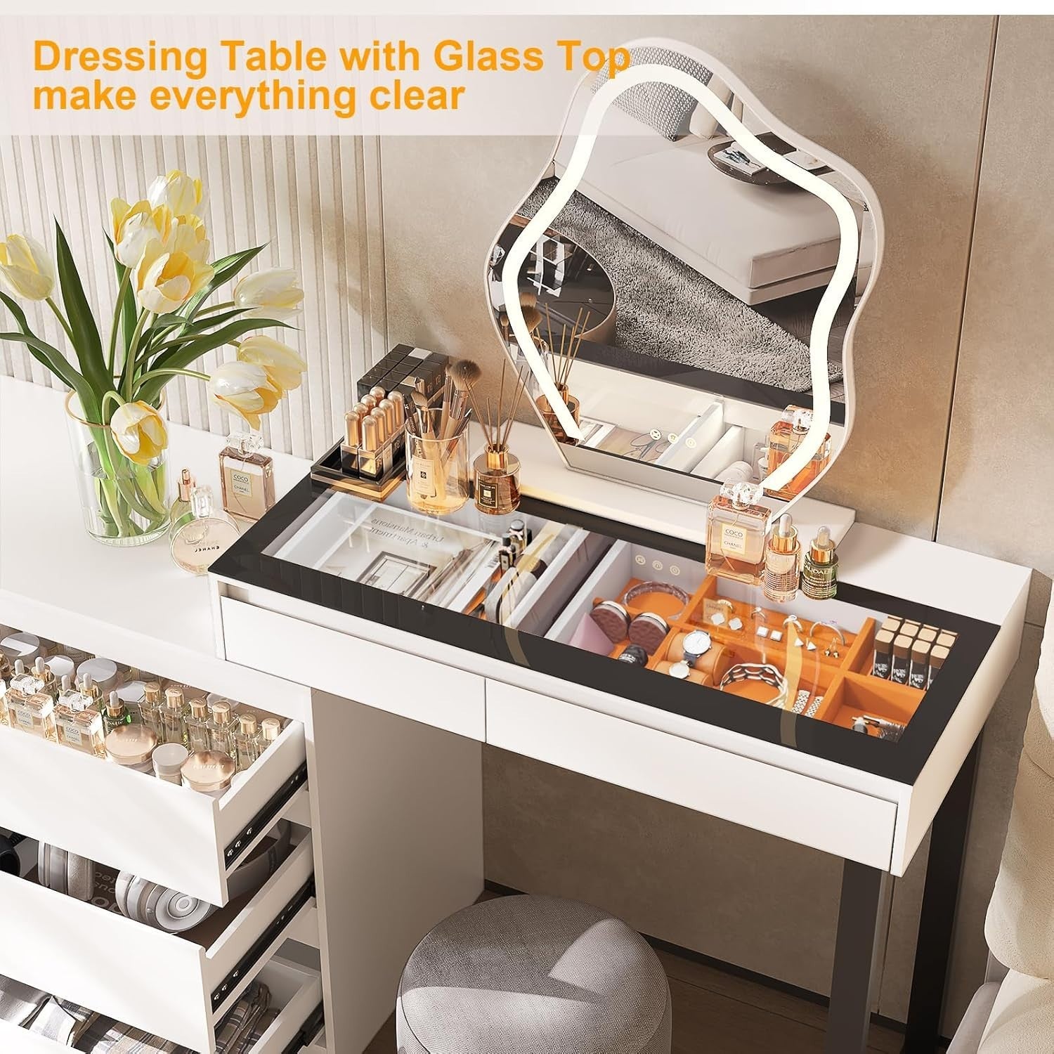 Modern Corner Vanity Dressing Table Desk Makeup Dresser LED Mirror 5 Drawers Whi