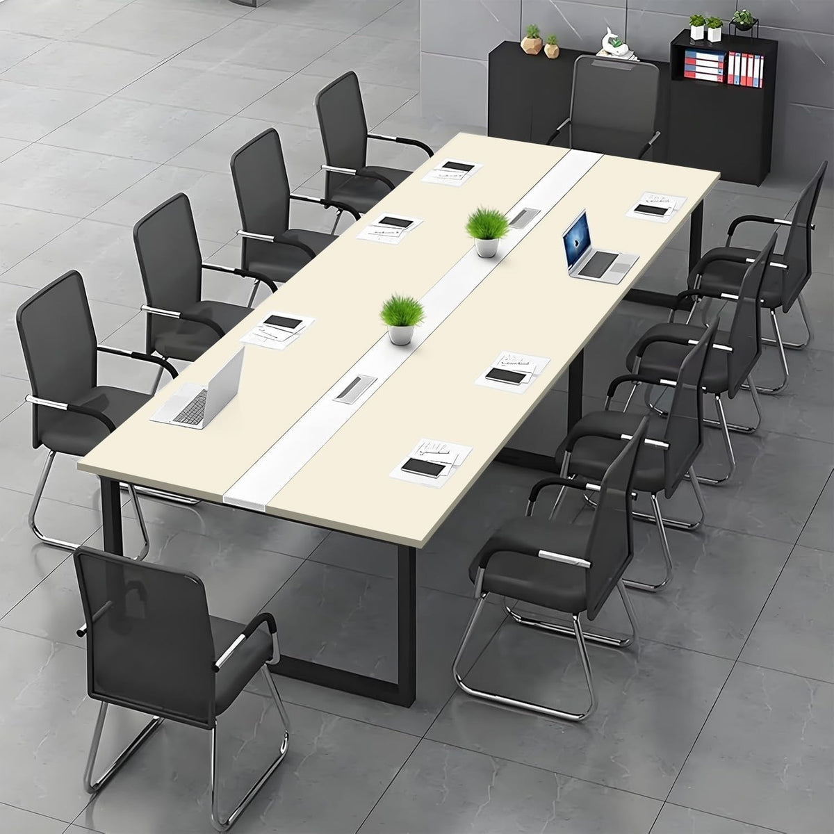 Beige White Conference Table – Modern 120x100cm Meeting Desk w/ Cable Ports