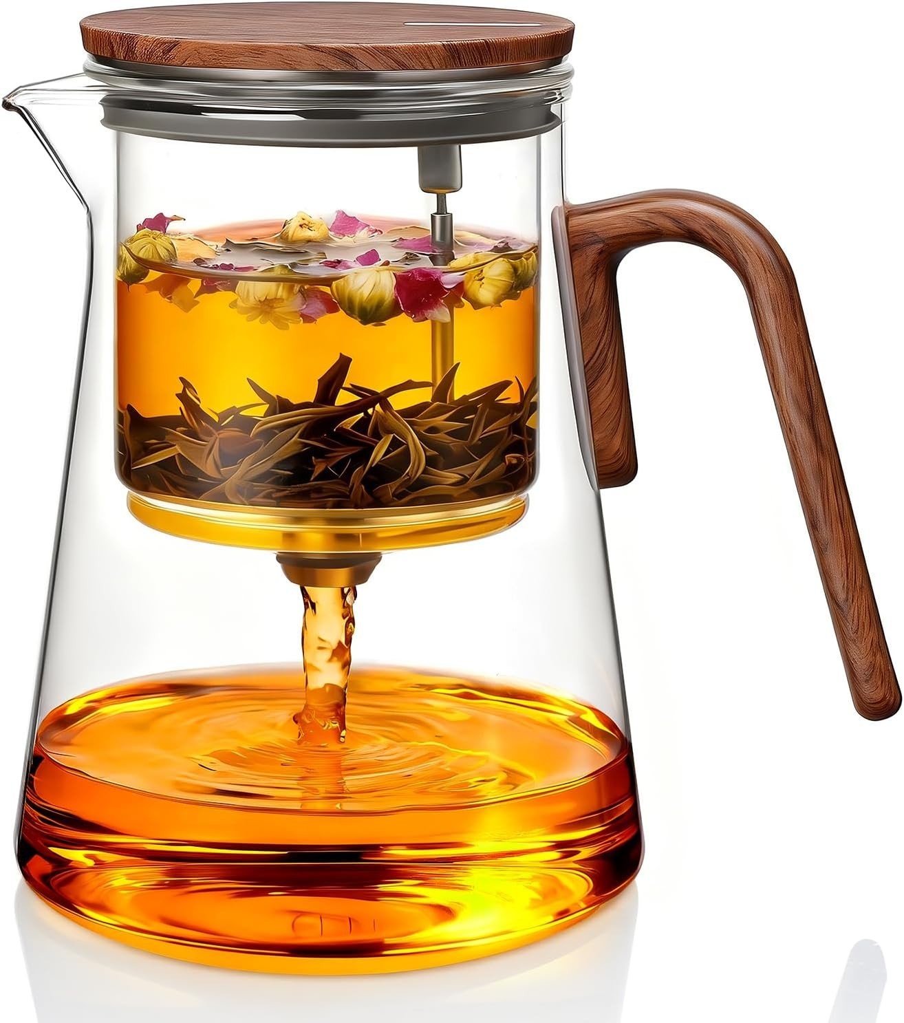 Magnetic Glass Teapot 1000ml Tea Pot w Infuser Walnut Handle Lid