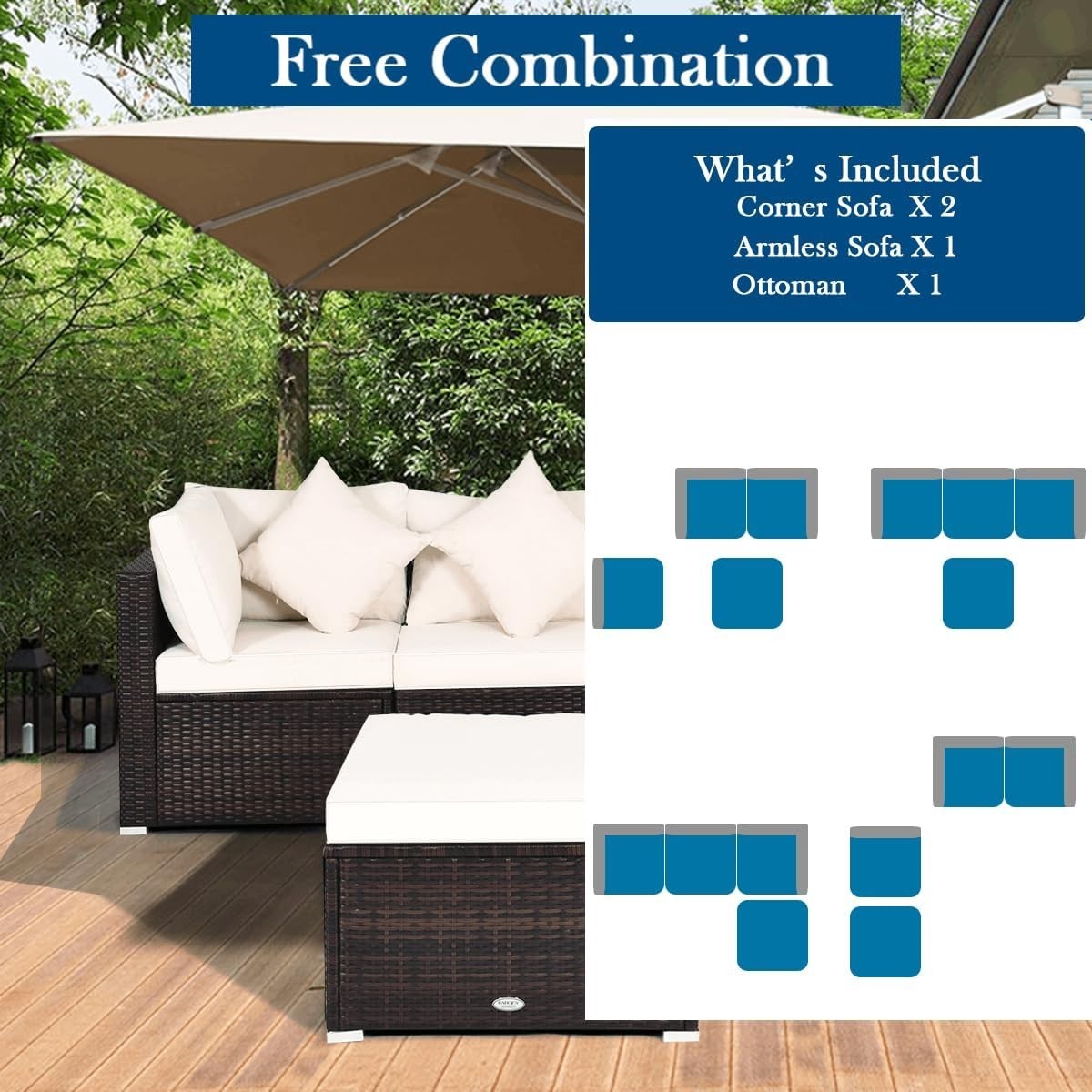4PC White Rattan Garden Sofa Set Modular Patio Lounge Coffee Table Cushions
