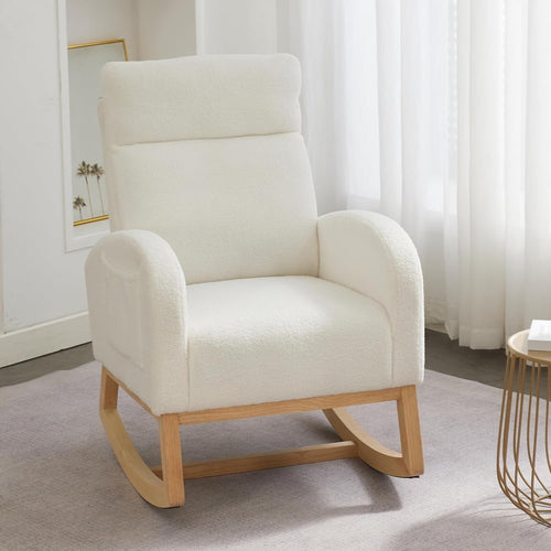 Comfy Rocking Chair for Adults Nursery Bouclé Glider w/ Wood Base Ivory