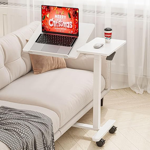 Overbed Laptop Table Tilt Top C Shaped Height Adjustable on Wheels 70x40cm White